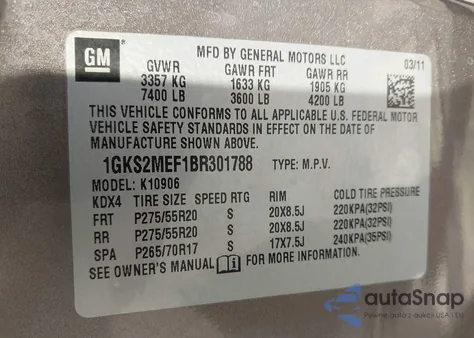 2011 GMC Yukon Xl 1500 Denali from USA, damaged, VIN 1GKS2MEF1BR301788